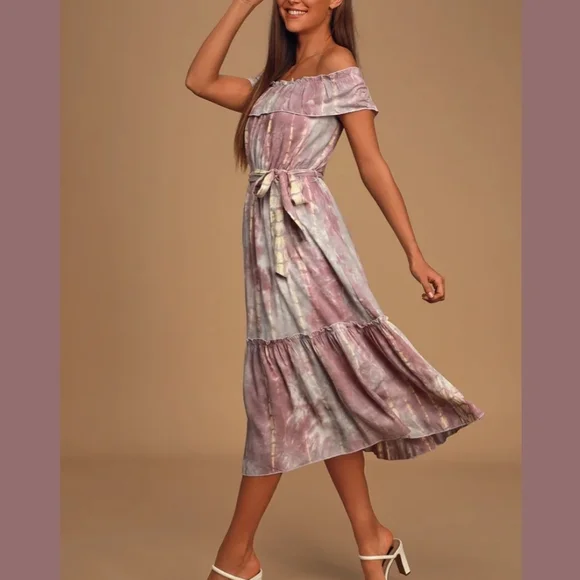 Lulus Dazed Purple Multi Tie-Dye Ruffled Off-the-Shoulder Midi Dress M - Picture 3 of 11